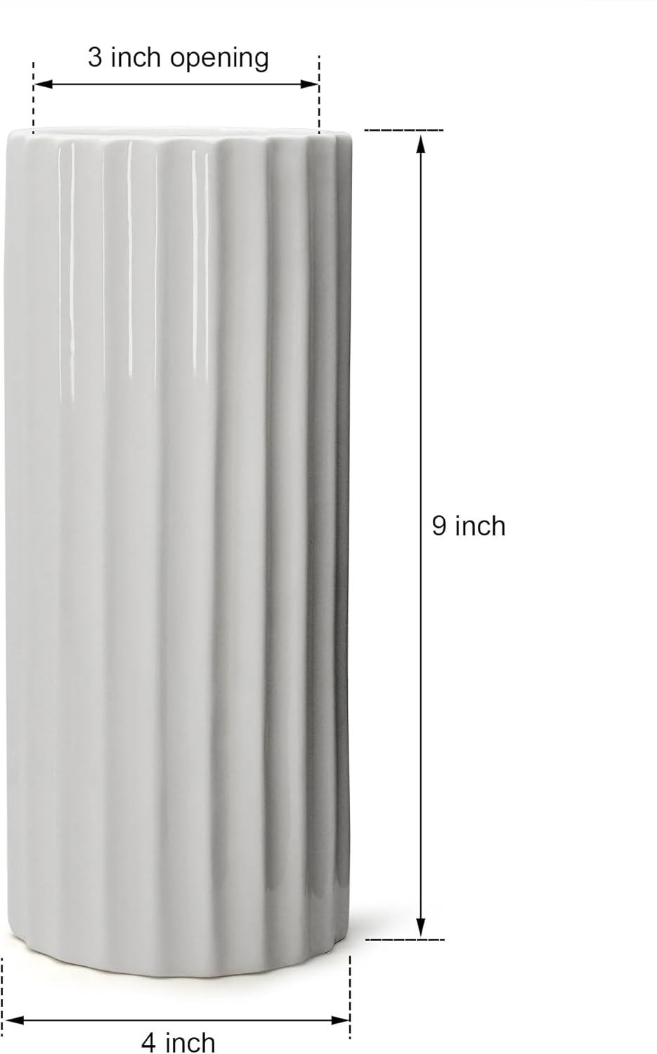 Glazed Ceramic Vase Ribbed Minimalist Waterproof Flower Vase / Straight Cylinder / White