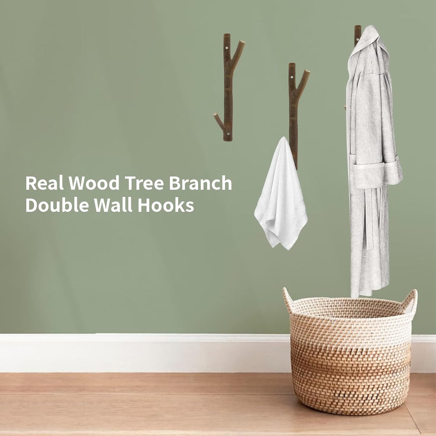 Real Wood Tree Branch Double Wall Hooks / 2-3cm Double Hooks / with Bark / Set of 2