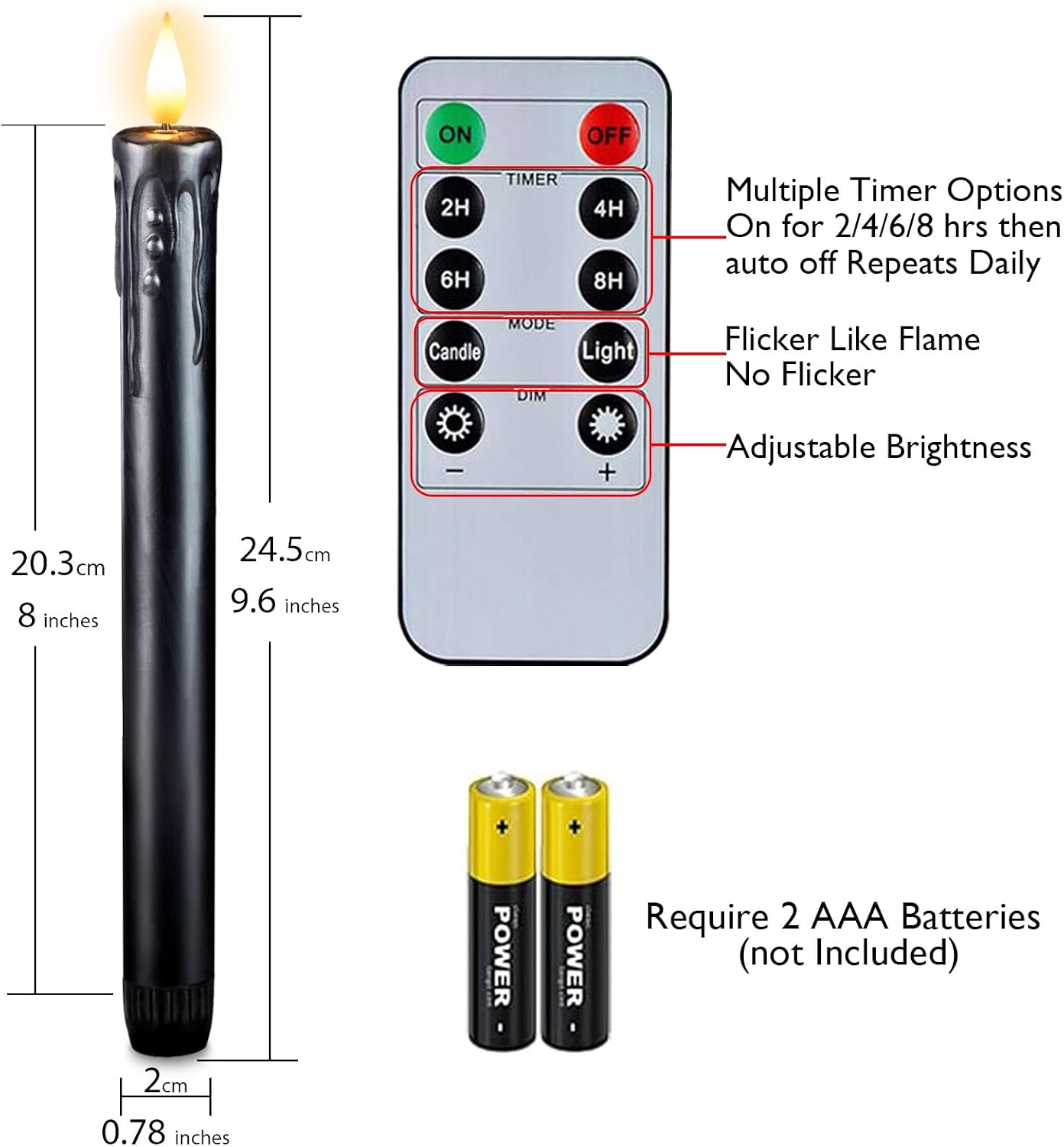 Homemory Black Flameless Taper Candles with Remote and Timer, Real Wax LED Taper Candles Battery Operated, Flickering