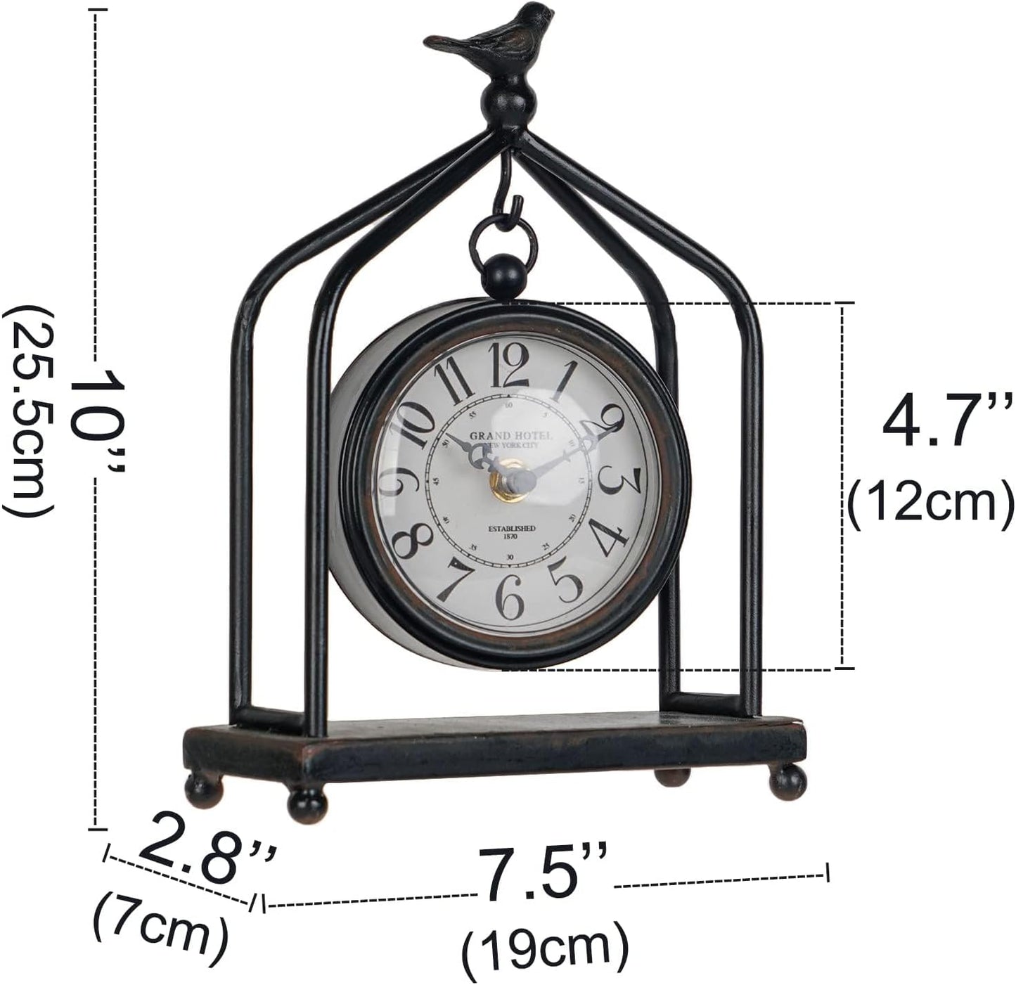 SOFFEE DESIGN 7.5'' x 10'' Mantel Clock Iron Tower Frame, Creative Bird Ornament Tabletop Clock, Silent Clock with