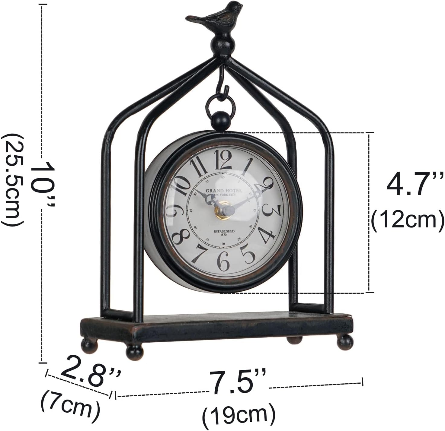 SOFFEE DESIGN 7.5'' x 10'' Mantel Clock Iron Tower Frame, Creative Bird Ornament Tabletop Clock, Silent Clock with