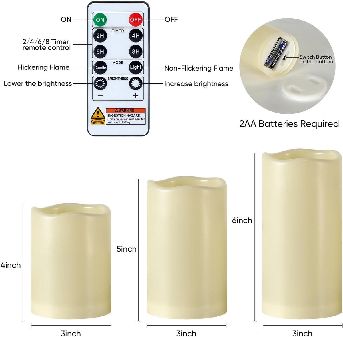 5plots Outdoor Waterproof Flameless Candles, LED Pillars Set of 9 Ivory | Ivory candles in 3"x4"5"6" sizes, battery