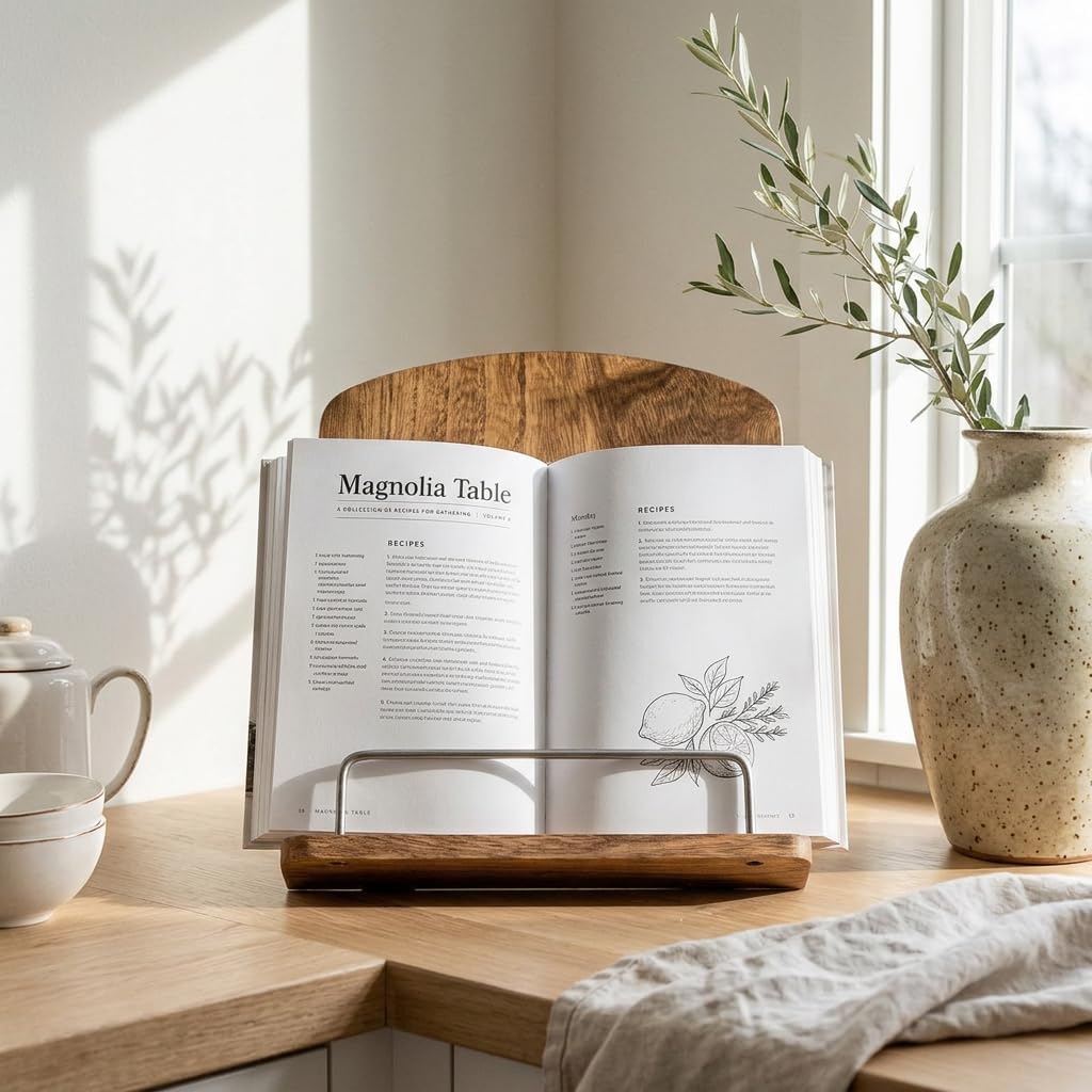 Beautiful Cookbook Stand for Your Kitchen Counter - Solid Wood, Fits iPad | Easily Keeps Cook or Recipe Books Open for