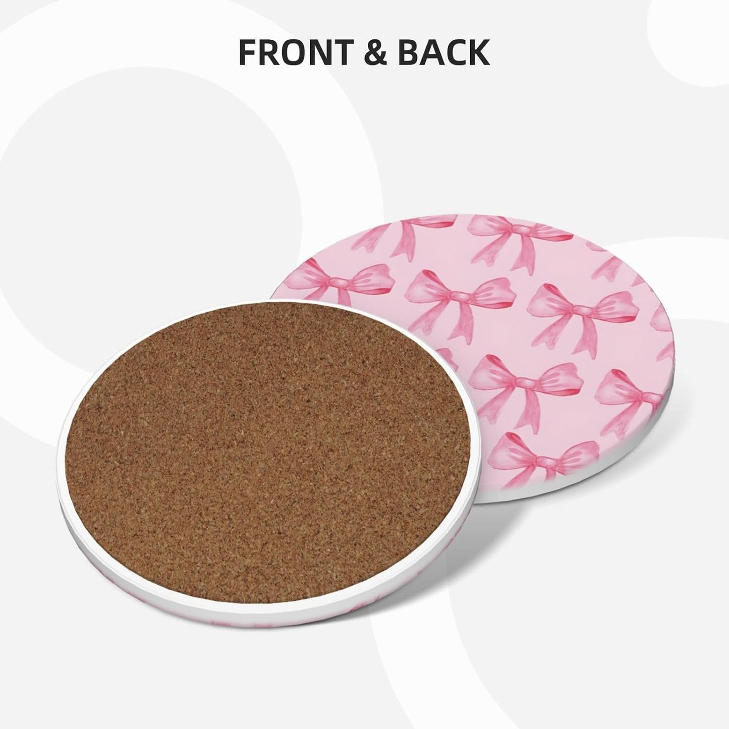 Ceramic Cork Base Coasters Set Decorative 4.1""- Pink Bow / Pink Bow 2 / Set of 4