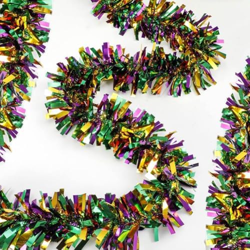 33Ft Christmas Tinsel Garland, Gold Green Purple Metallic Twist Foil Tinsel Garland Hanging Decor for Christmas Tree Birthday Kwanzaa Party Indoor Outdoor Party Supplies - Gold Green Purple