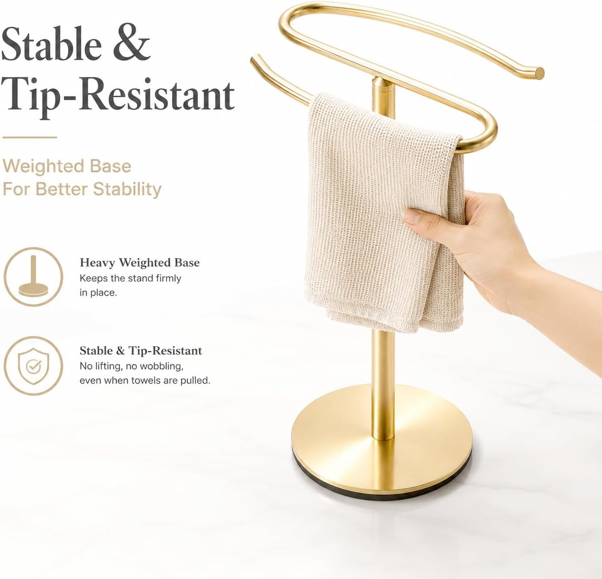 Light Brushed Gold Hand Towel Holder Stand, 13-Inch Tall Freestanding Towel Rack with Weighted Base, SUS304 Stainless