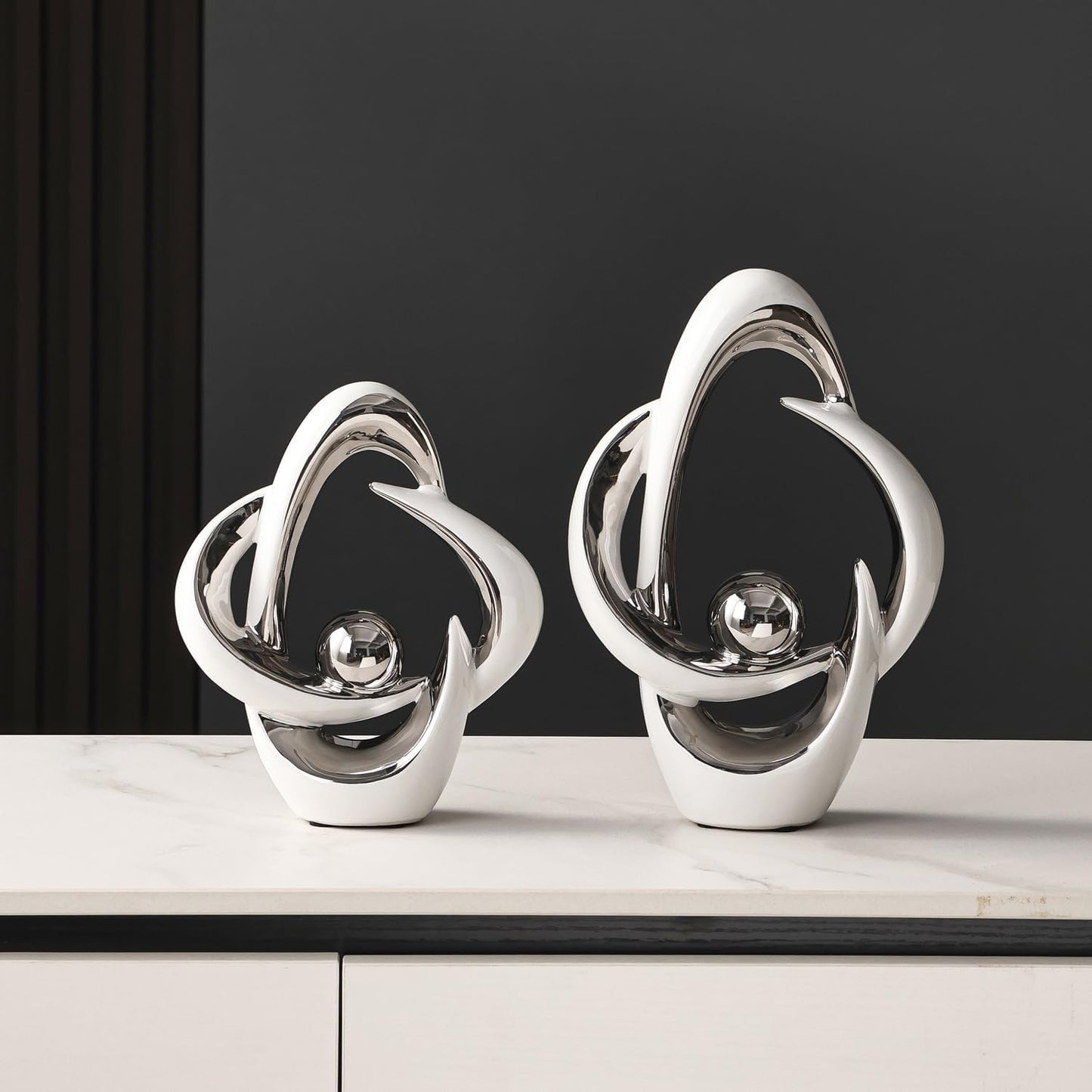 Ceramic Statues Home Decor Modern Aesthetic Abstract Art Decorative / White and Silver / Set of 2