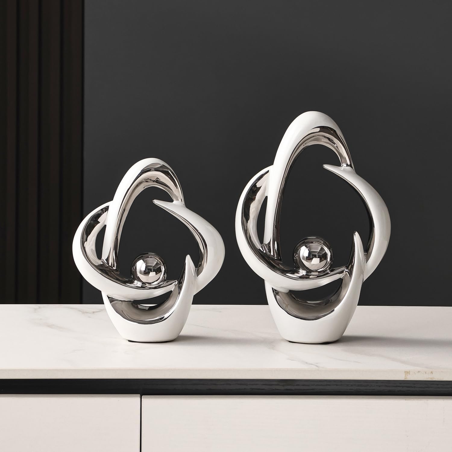 Ceramic Statues Home Decor Modern Aesthetic Abstract Art Decorative / White and Silver / Set of 2