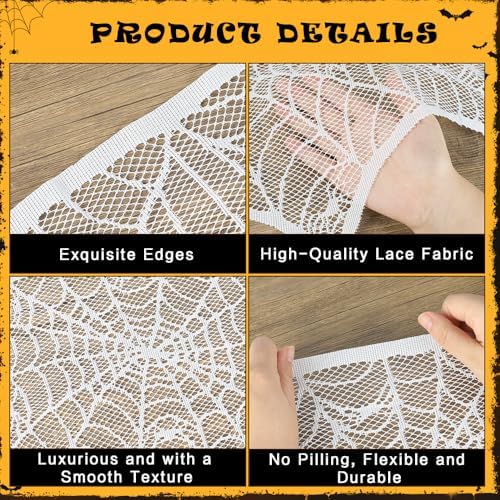 2 Pcs Halloween Mantle Scarf, White Lace Spiderweb Fireplace Mantel Scarf, Halloween Fireplace Decor Cover Garland for Door Window Indoor Curtain Festive Party Supplies, 18 x 83 Inch