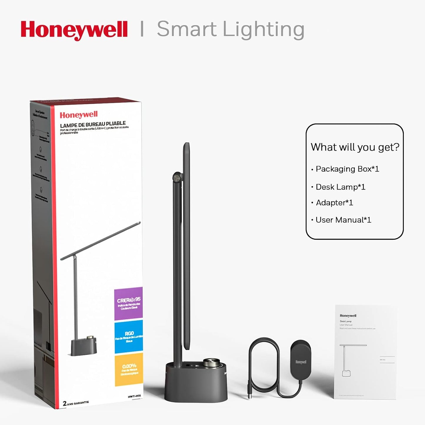 Honeywell HWT-H01 LED Desk Lamp, Foldable & Stepless Dimmable, Black | Sunturalux Eye-Caring Desk Light with Charging