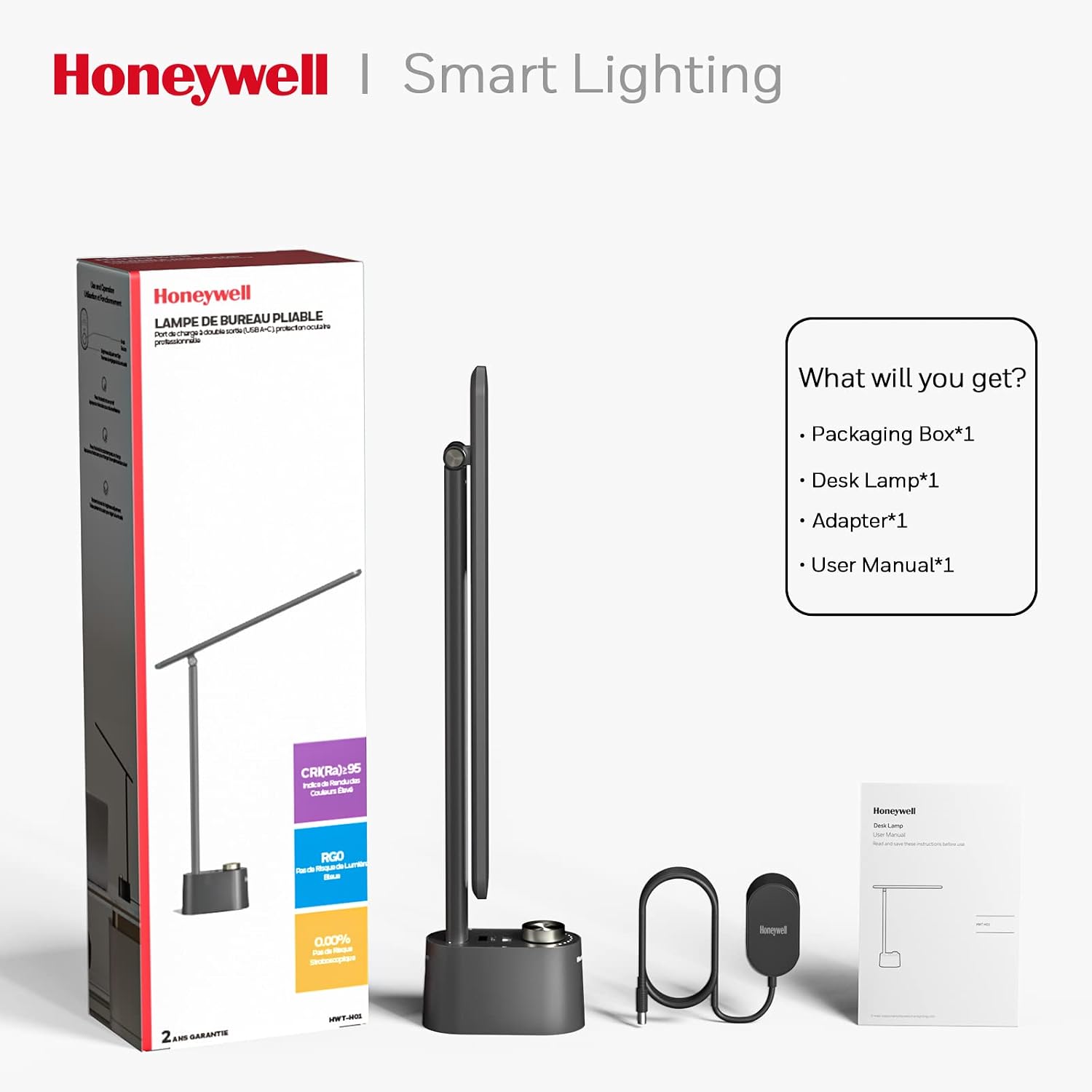Honeywell HWT-H01 LED Desk Lamp, Foldable & Stepless Dimmable, Black | Sunturalux Eye-Caring Desk Light with Charging