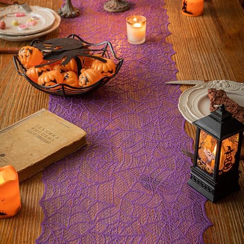 Halloween Table Runner - Black Lace with Spider Web & Bat Design, Elegant Lace Runner for Halloween Parties, Weddings & Spooky Home Decor (Purple Spider Web)