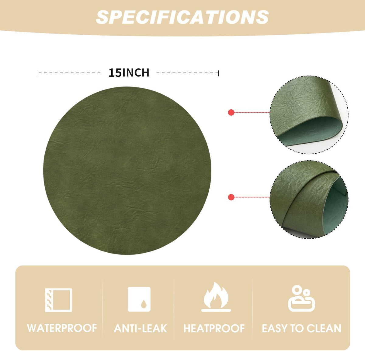 Artoid Mode Olive Green Faux Leather Placemats Set of 12, 15 Inch Waterproof Wipeable Heat Resistant Vinyl Place Mats