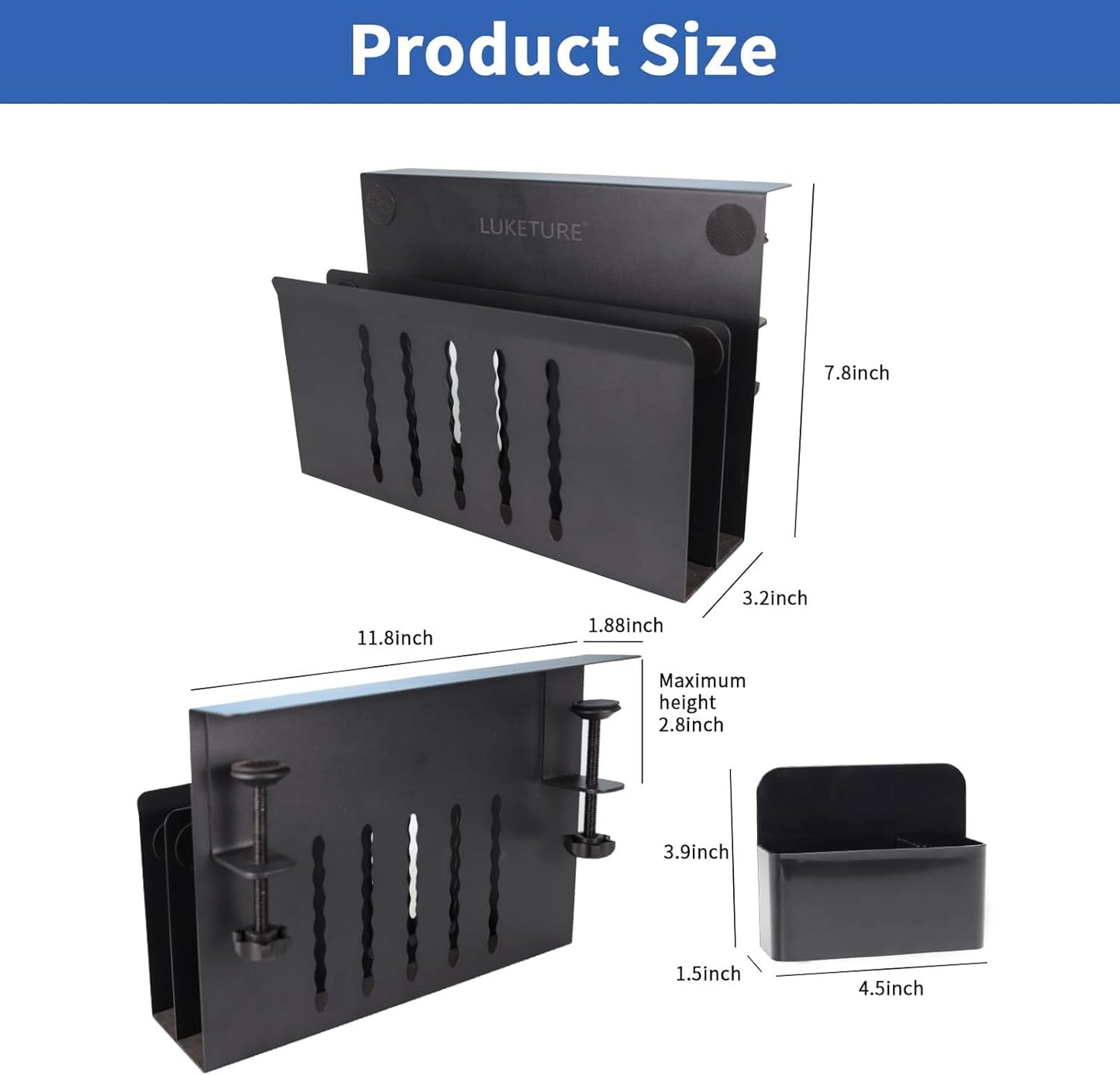 LUKETURE Desk Side Storage, 2 Tie Laptop Holder No Drill Clamp On Organizer | Steel Side Desk Organizer, Clamp on