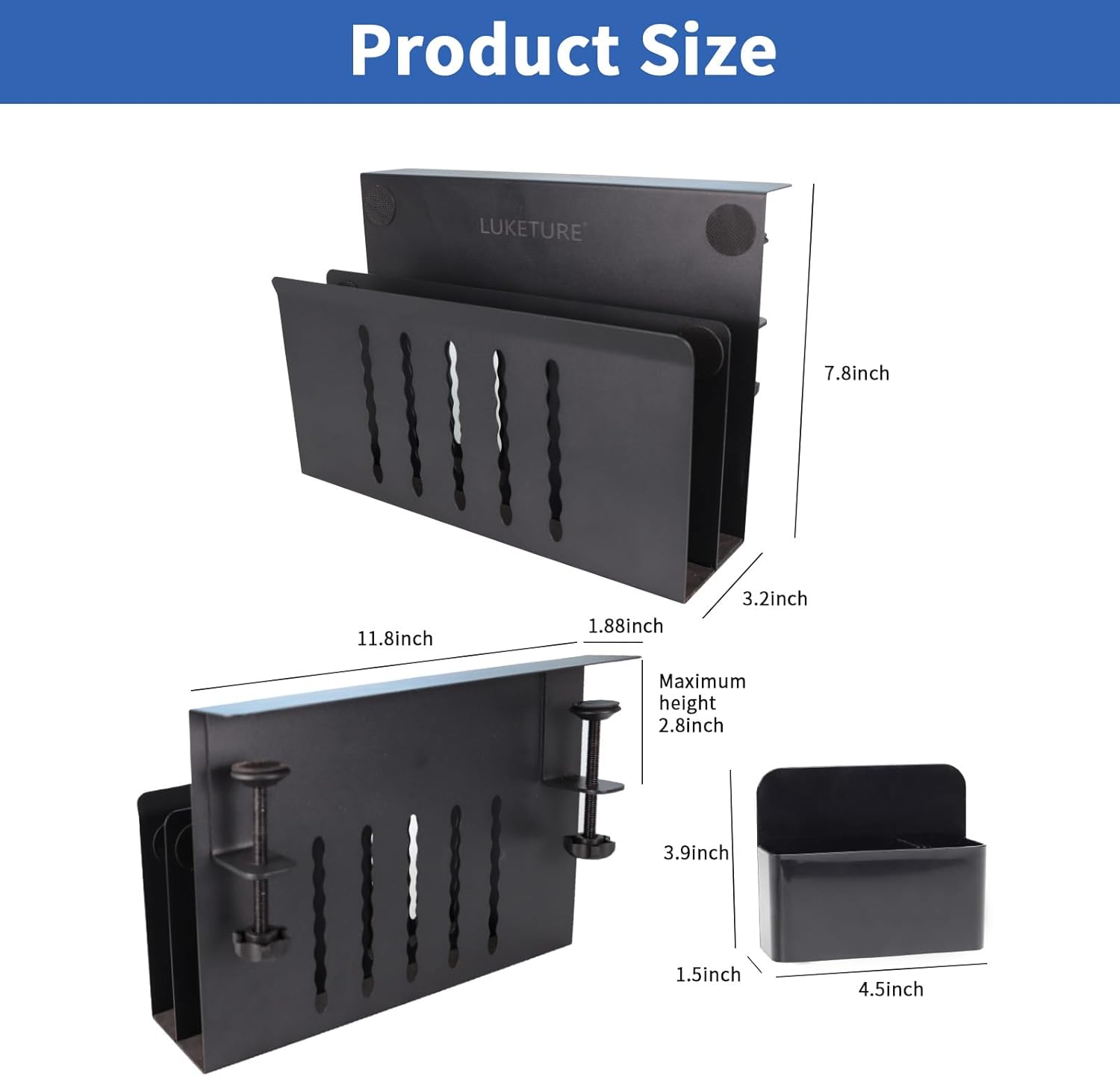 LUKETURE Desk Side Storage, 2 Tie Laptop Holder No Drill Clamp On Organizer | Steel Side Desk Organizer, Clamp on