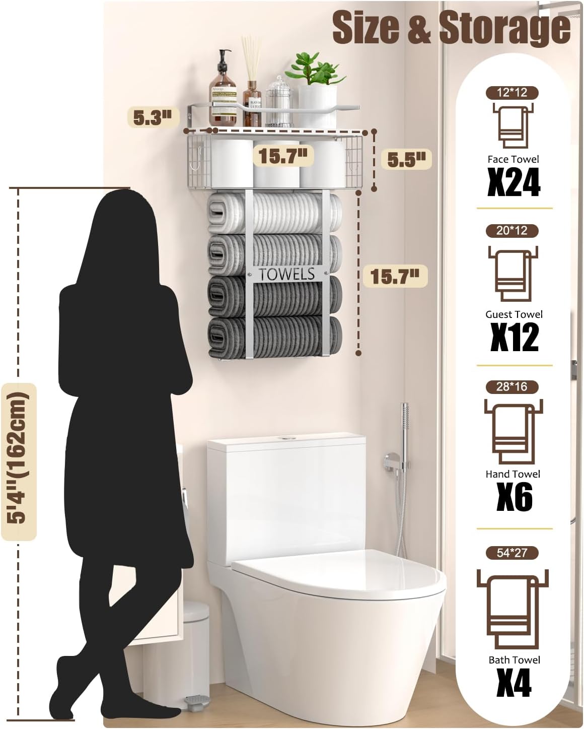 Towel Racks for Bathroom Wall Mounted - Bath Wall Towel Holder Set Above Toilet Storage, Rolled Towel Shelf Organizer