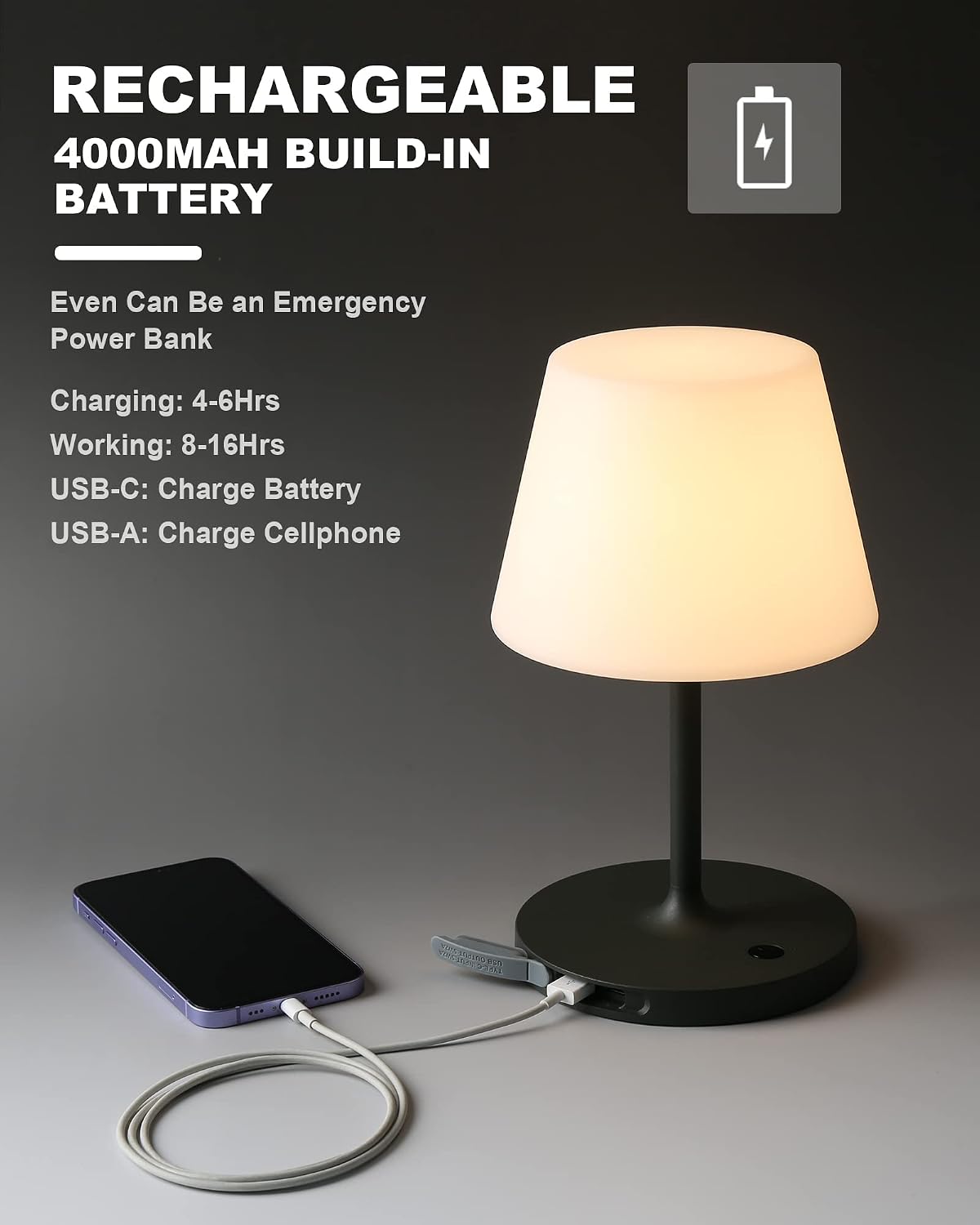 WEILAILUX Outdoor Battery Operated Table Lamp Waterproof, 4000mAh Cordless Table Lamp Rechargeable, Touch Dimmable Desk