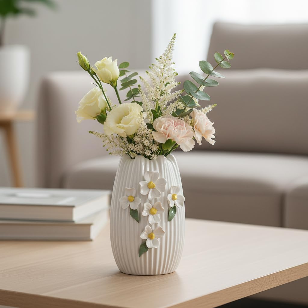 White Ceramic Vase / White and Yellow / 7 Inch
