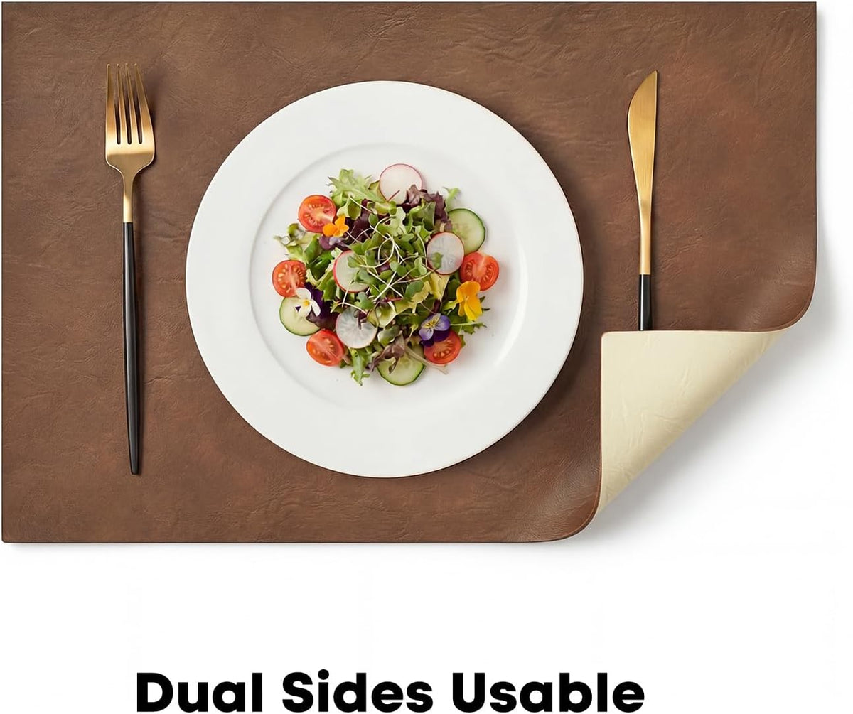 Artoid Mode Brown Faux Leather Placemats Set of 6, 12x18 Inch Waterproof Wipeable Heat Resistant Vinyl Place Mats