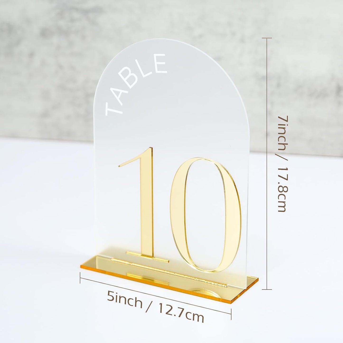 Frosted Arch Wedding Table Numbers 1-15, Gold Numbers and Stands | 15 Pack 5x7 Inch Frosted Arch Acrylic Sign with