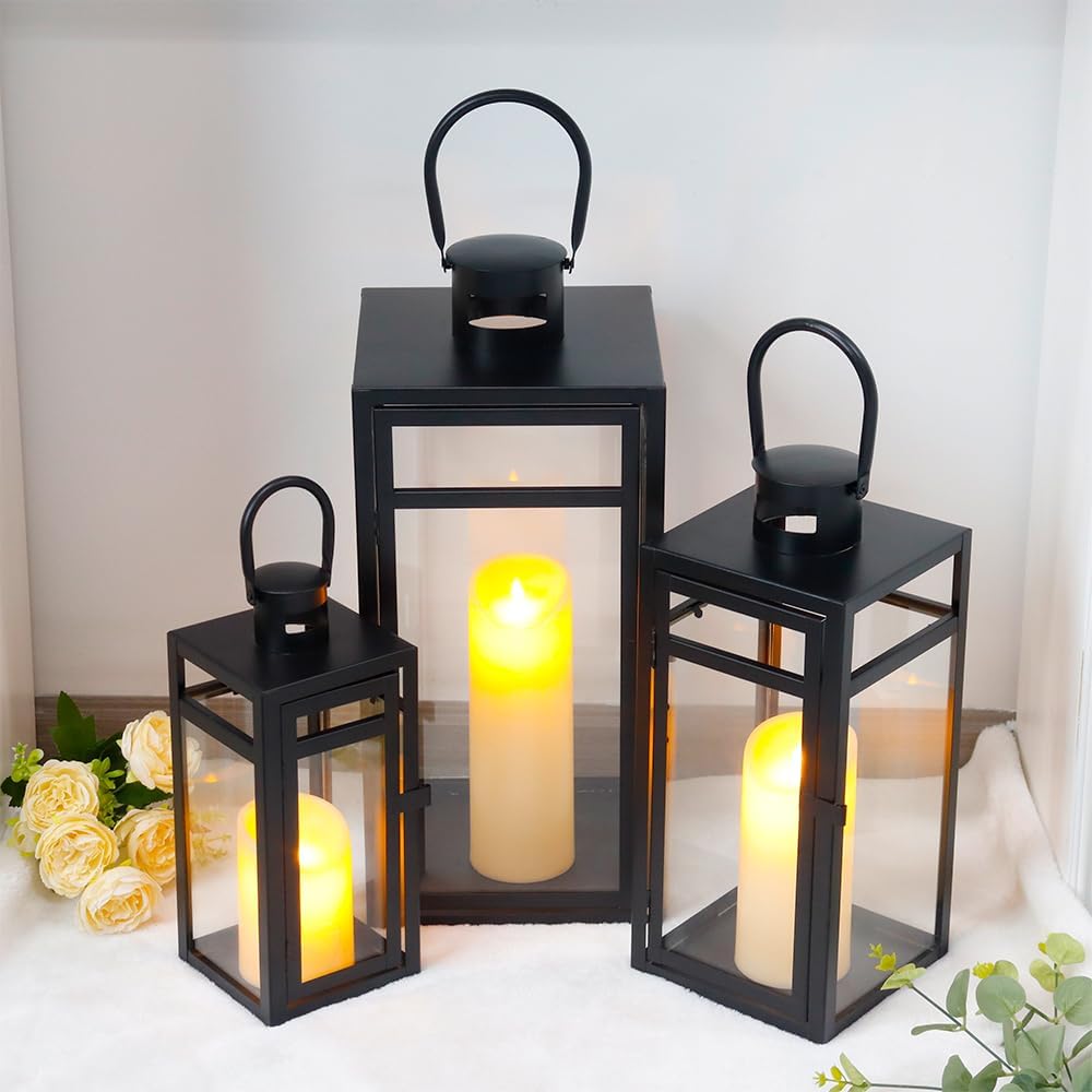 TRIROCKS Stainless Steel Lantern Set of 3 - Assorted Sizes (12/15/19 Inch) - Tall Metal Hanging Lanterns with Clear