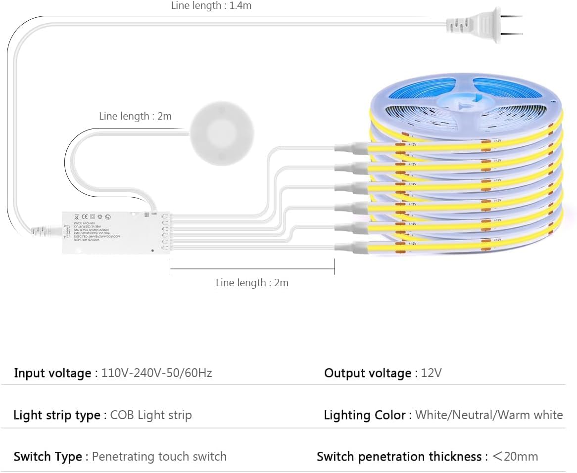 Cabinet Light COB LED Strip Lights 6-in-1 Dimmable Touch Control | for Display Cabinets, Wardrobes, Kitchen, Wine