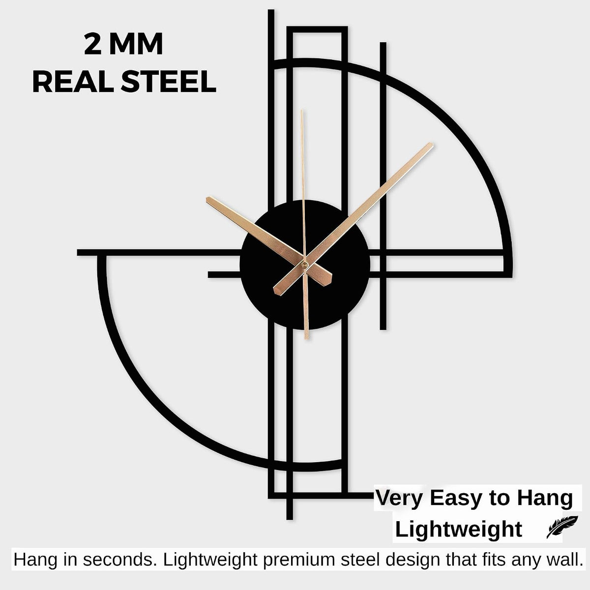Modern Geometric Metal Wall Clock, Minimalist Black Steel Design, Silent Non-Ticking Mechanism, Unique Contemporary
