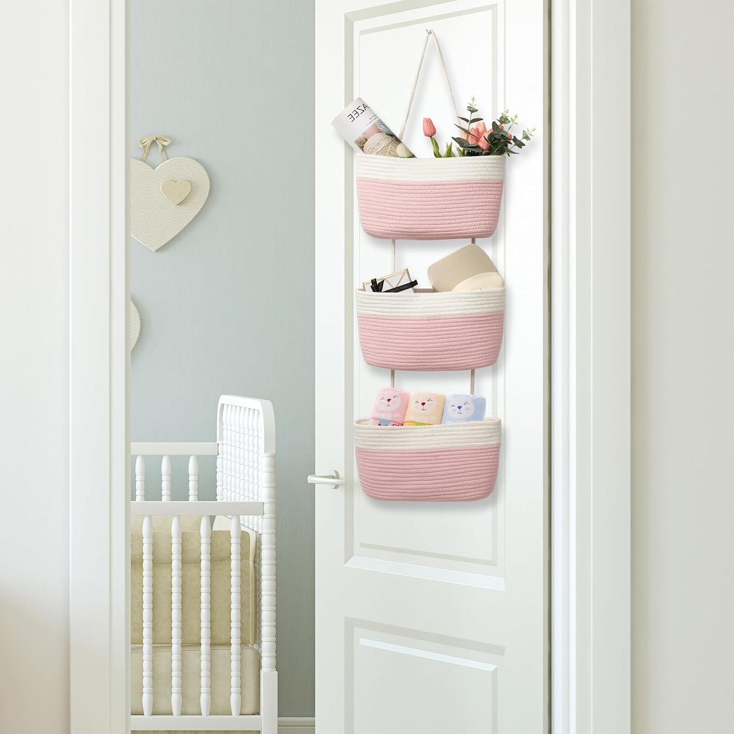 3-Tier Woven Cotton Wall-Mounted Storage Organizer Bag Decorative Hanging Nursery / Pink & White