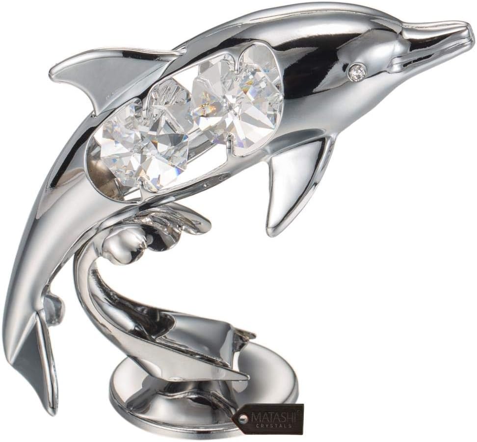Chrome Plated Crystal Studded Dolphin Riding Wave Figurine Tabletop Ornament Decorative / Silver