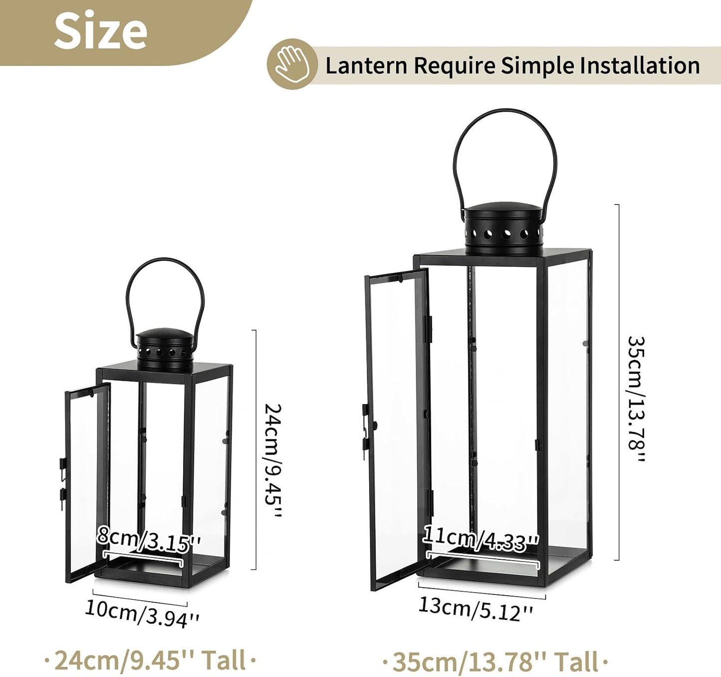 NUPTIO Lanterns Decorative Indoor Black, 9.5 & 13.8 inch Tall Lantern | Set of 2 Hurricane Lantern with Glass Panel