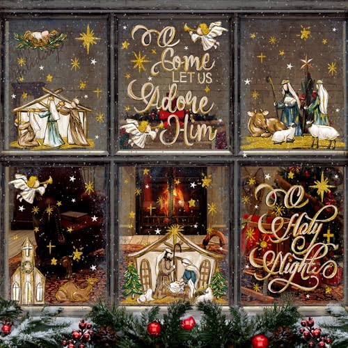 DULEFUN Christmas Window Clings 6 Sheets Jesus Nativity Window Stickers Decals Double-Sided Christmas Glass Window Decoration for Xmas Home Kitchen Office Decor Winter Holiday New Year