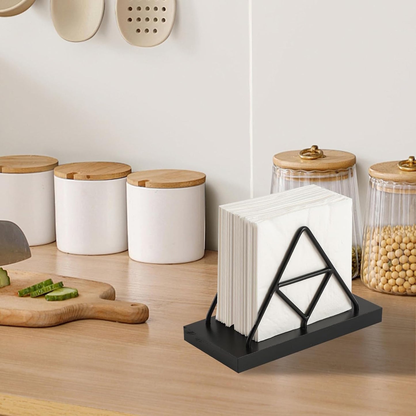Metal Wire Triangle Shape & Wooden Paper Towel Holder / Black