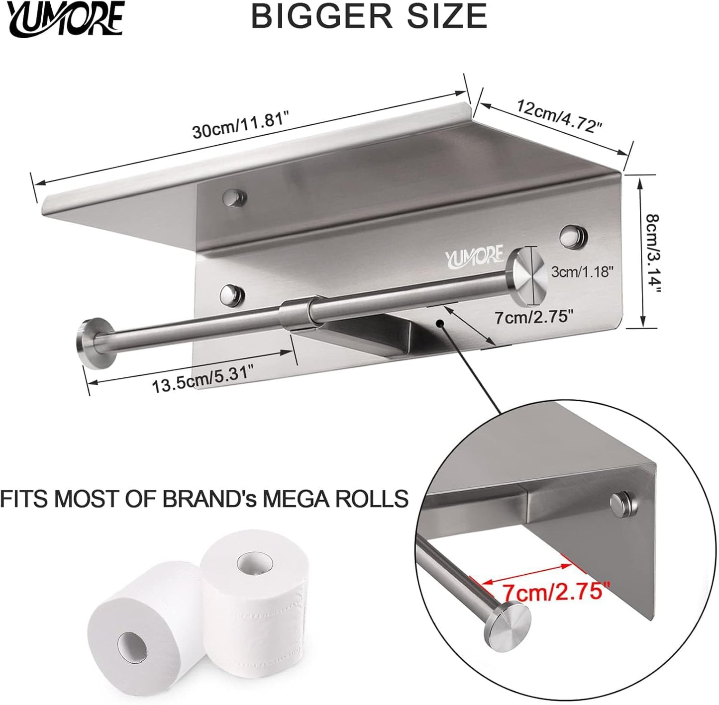 Toilet Paper Holder with Shelf, Double Roll Holder, Brushed Nickel | 304 Stainless Steel, Wall Mounted, Anti-Drop