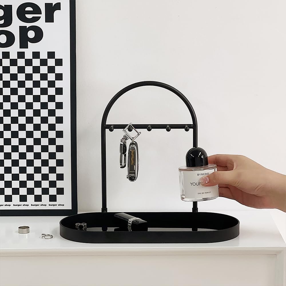 Metal Jewelry Organizer Stand & Key Holder Tray / Matt Black