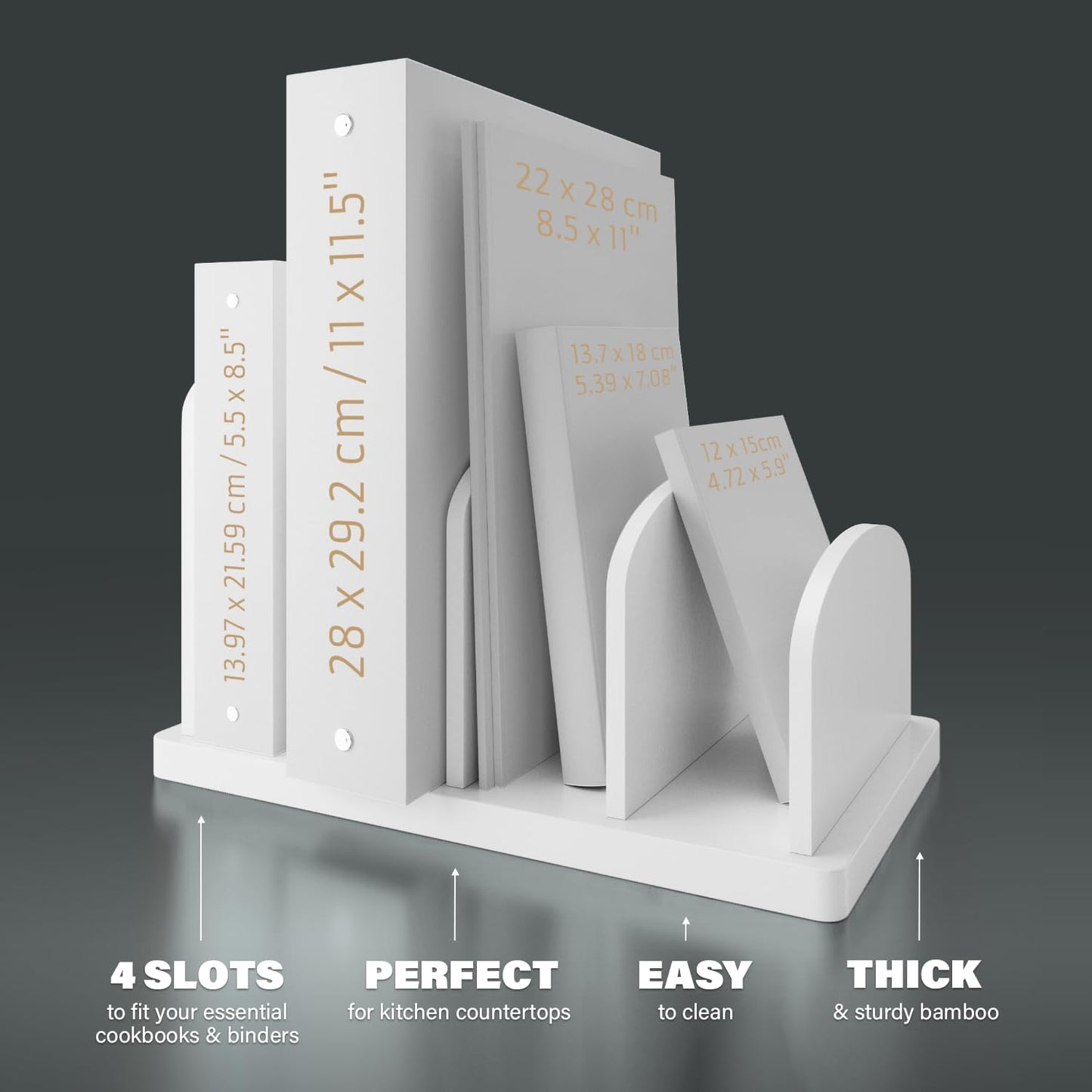 Cook Book Organizer, 4 Sections, Recipe Book Holder Rack, Tabletop Stand for Convenient Cookbook Storage, Vertical Cook