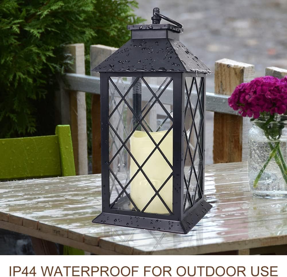 2-Pack 13.5" Vintage Candle Lantern with LED Pillar Candle (Black, 6hr Timer) - IP44 Waterproof Battery Powered