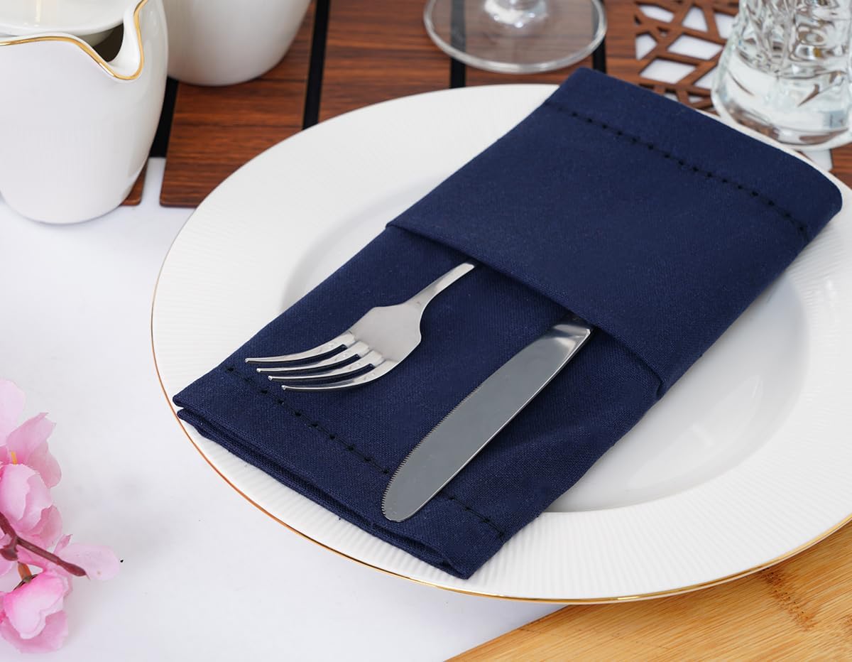 Blue Needles Navy Blue Hemstitch Linen Napkins Set of 12-100% Cotton Cloth Dinner Napkins 18x18 inches, Soft, Reusable