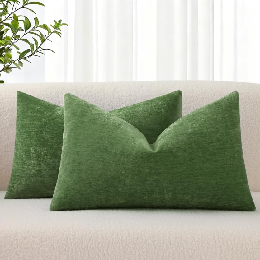 MIULEE Linen Fringe Decorative Lumbar Throw Pillow Covers Army Green 12x20