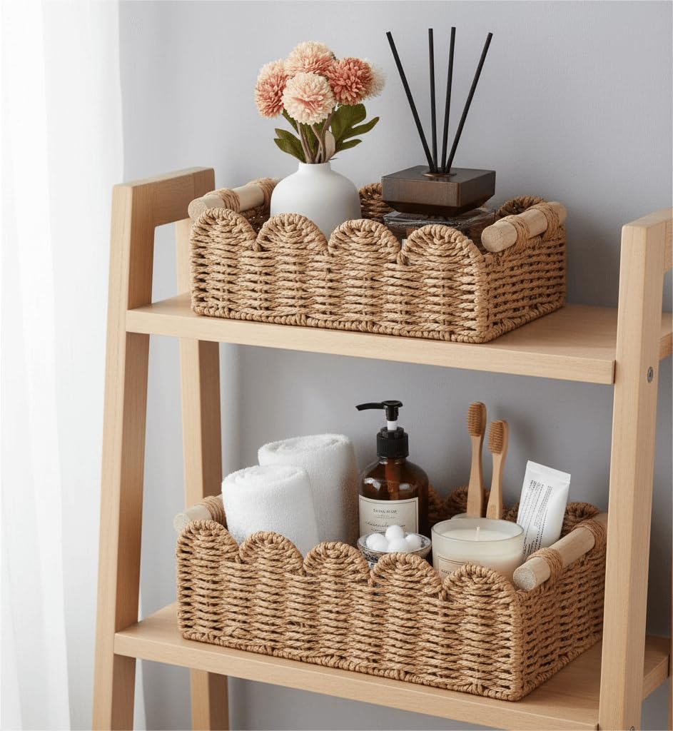 Scalloped Decorative Baskets for Over Toilet Shelves / Neutral / Small