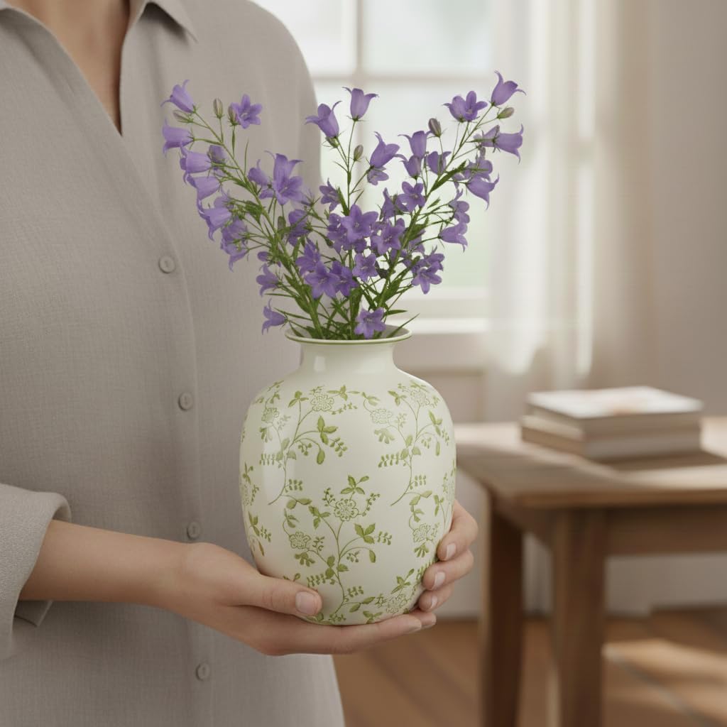 Ceramic Vase for Pampas Grass / Green and Beige / 7 Inch