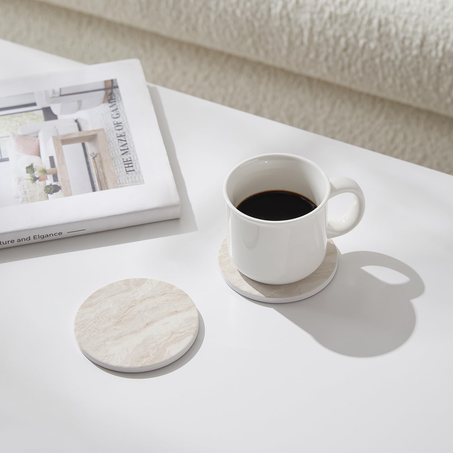 Holder / Absorbent Ceramic Coasters for Drinks / Light Beige / Set of 6