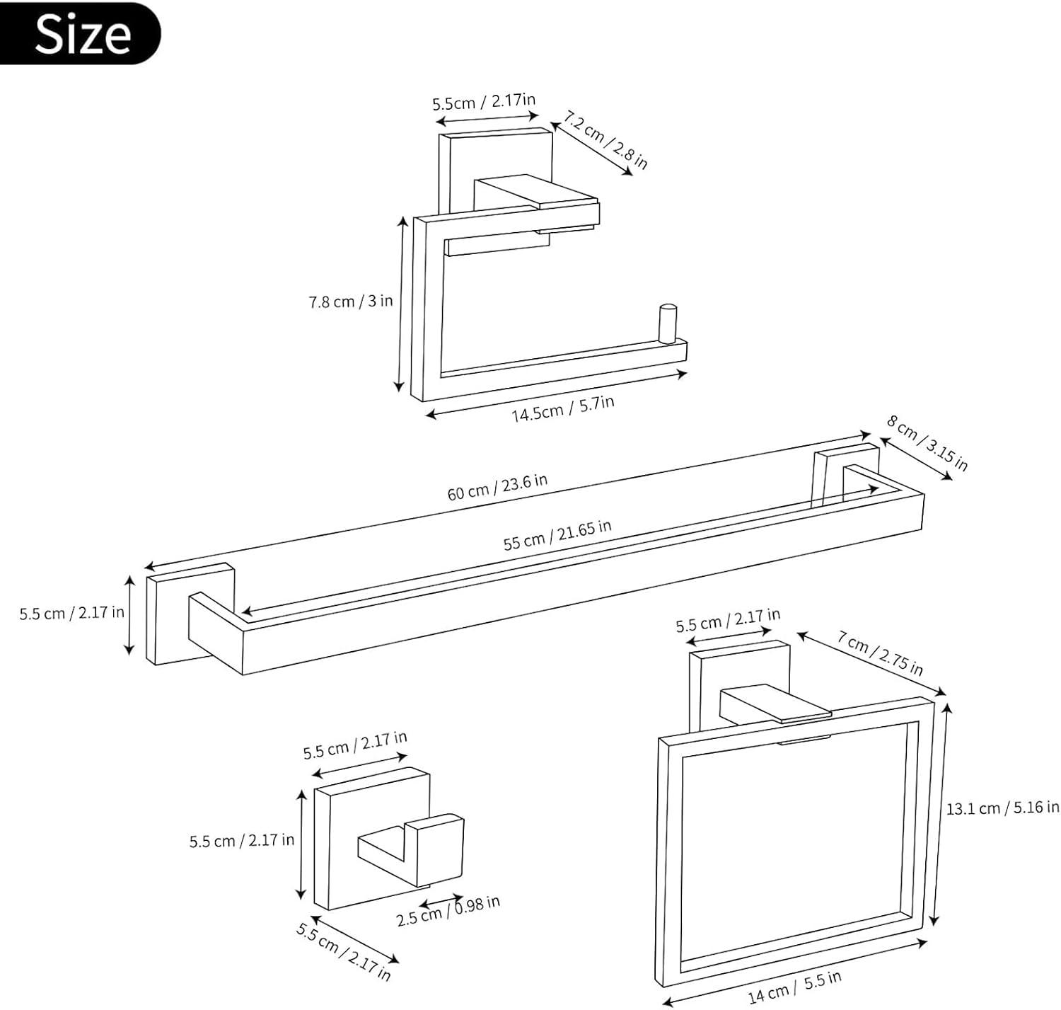 YACVCL 5-Piece Bathroom Hardware Accessories Set 23.6 inch Towel Bar Towel Rack Sets Modern Towel Ring Kit Stainless
