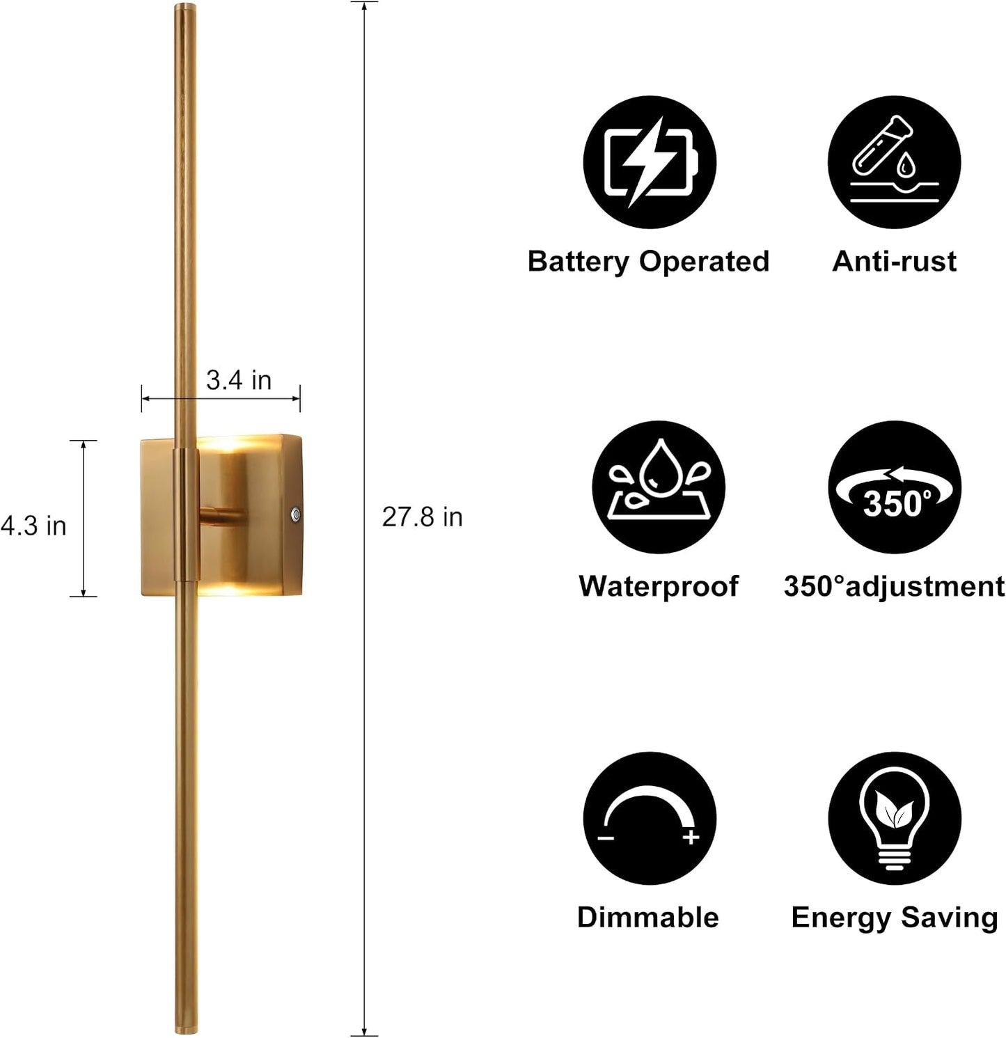 15800 mAh Battery Operated Wall Sconce with Remote Control Dimmable Wall Sconce Set of Two 3000K LED Brass Gold