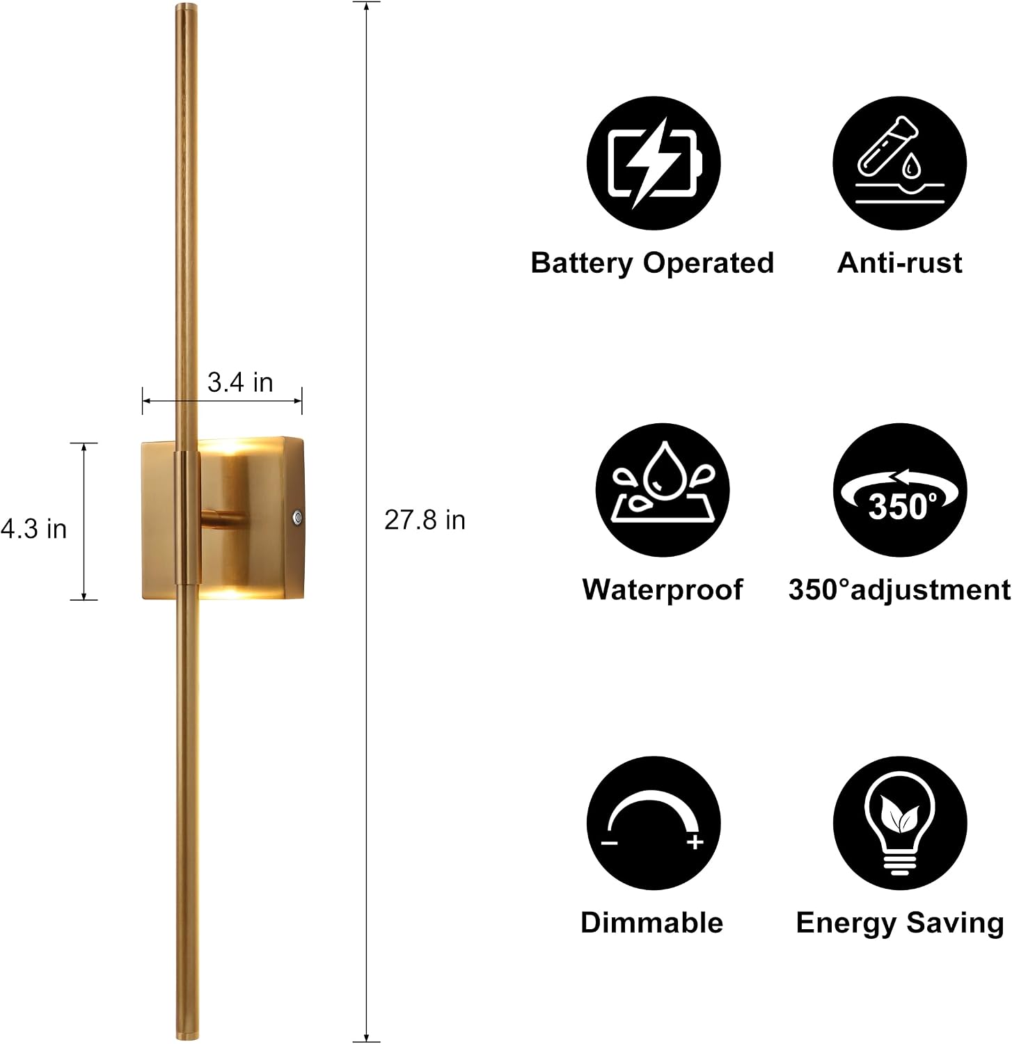 15800 mAh Battery Operated Wall Sconce with Remote Control Dimmable Wall Sconce Set of Two 3000K LED Brass Gold