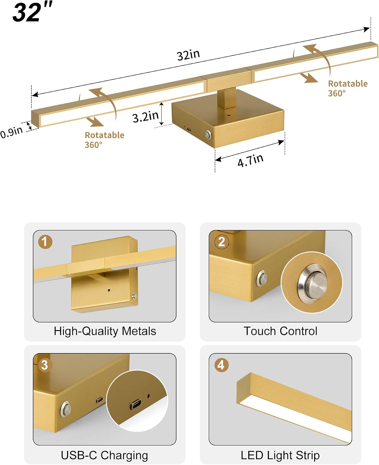 Rayogale Gold Battery Operated Wall Sconces with Remote Control, 32 Inch | 3000/4500/6000K Dimmable 8000mAh