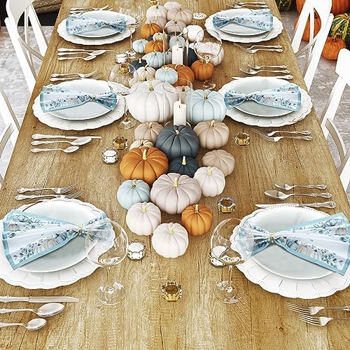 Qeeenar 12 Pcs Blue Pumpkin Floral Cloth Napkins 20" Thanksgiving Dinner