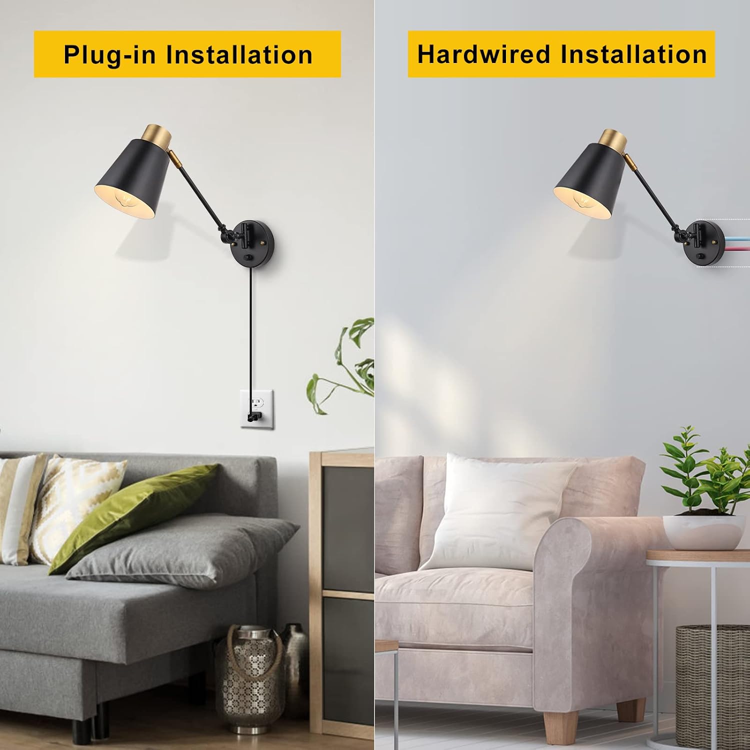 GOODATE Dimmable Wall Lamp with Plug in Cord, Plug in Wall Sconces, Swing Arm Wall Light with On Off Switch, Metal