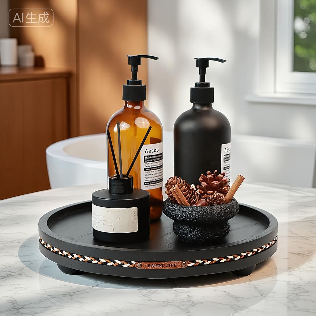 Farmhouse Decorative Round Tray / Black with Stripes / 11.81 Inch