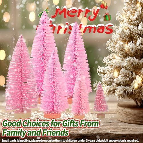 Yahpetes Christmas Trees 10 Pcs Bottle Brush Christmas Trees 5 Size Artificial Mini Christmas Sisal Snow Frost Trees Pine Trees with Wood Base for Tabletop Christmas Party Home Indoor Decor (Pink)