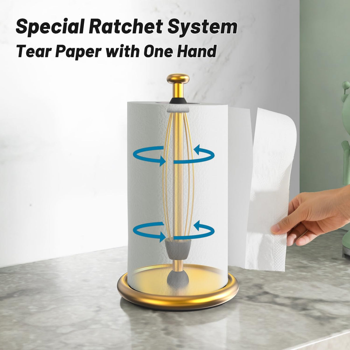 VEHHE Paper Towel Holder Countertop with Weighted Base, One-Hand Tear | Freestanding Design | Brushed Gold Finish